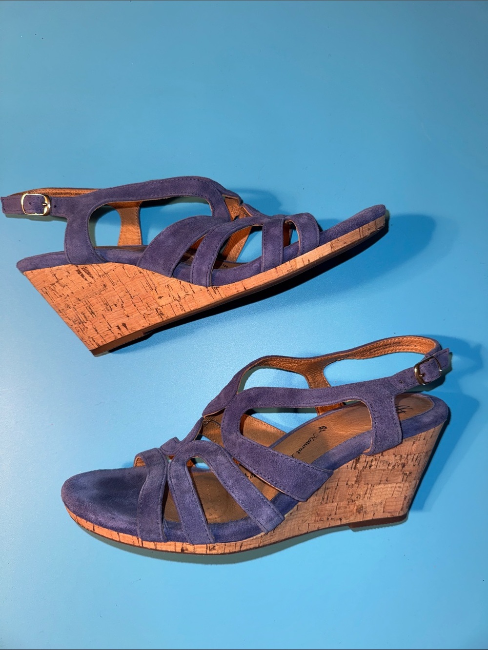 Sofft Periwinkle Suede Cork Wedge Sandals Sz 9